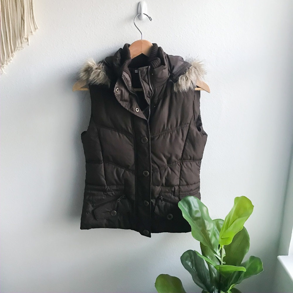 Maurices Puffer Vest Fur-Lined Hood Brown Size S